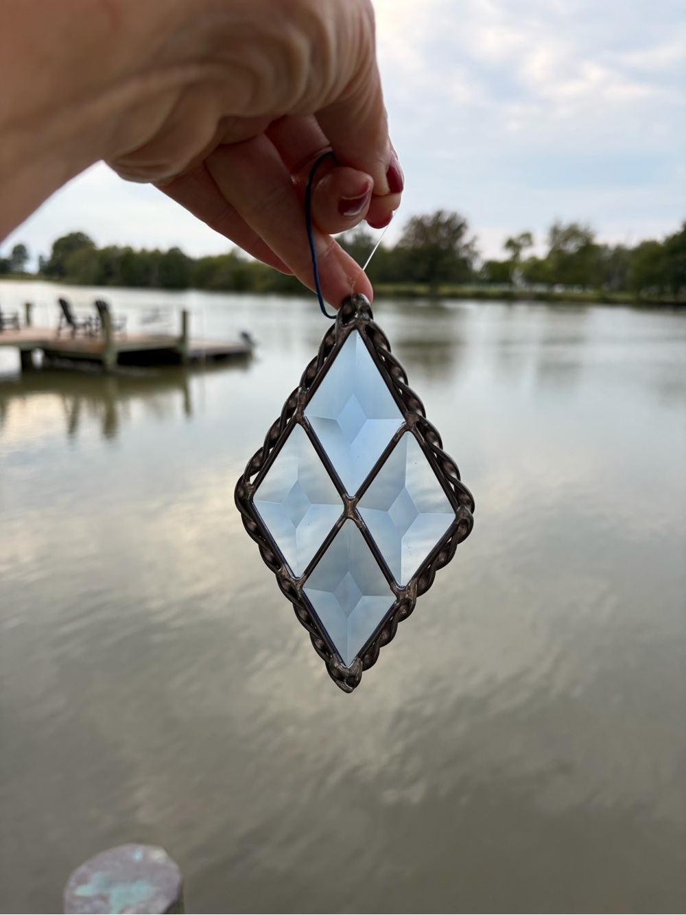 Handcrafted Suncatcher Blue Beveled Glass Diamond Shape
